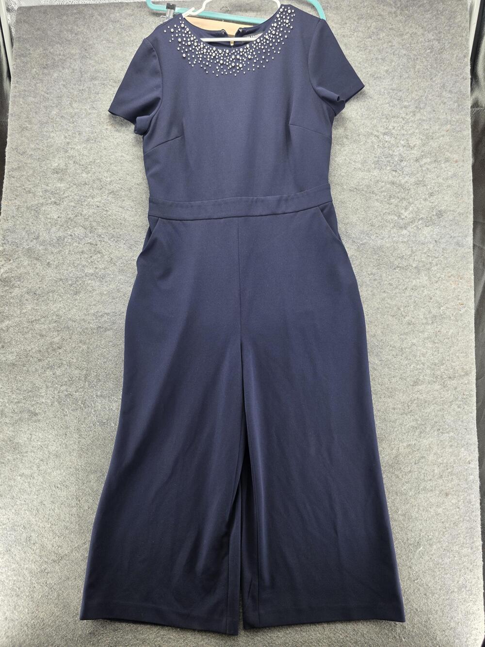 Karl Lagerfeld Paris Jumpsuit Womens 14 Navy Pearl Embellished Wide Leg Cropped